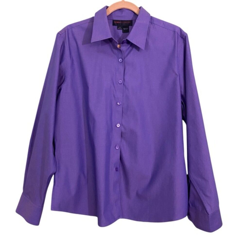 Nina McLemore Solid Purple 100% Cotton Long Sleeve Button Down Shirt Top 14